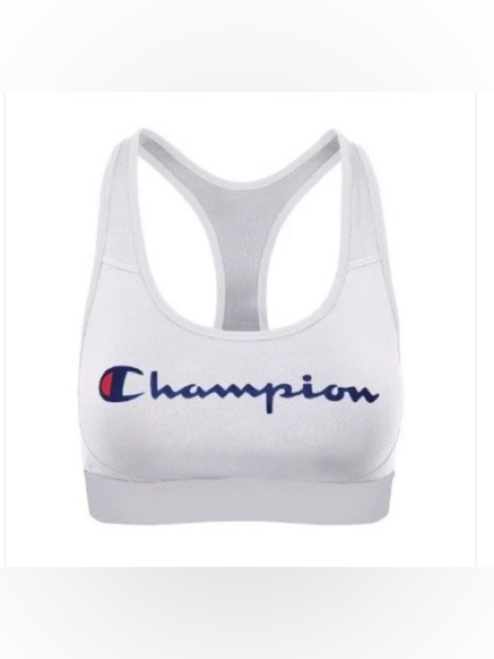 Champion White Racerback Sports Bra with Navy Logo and Red Accent